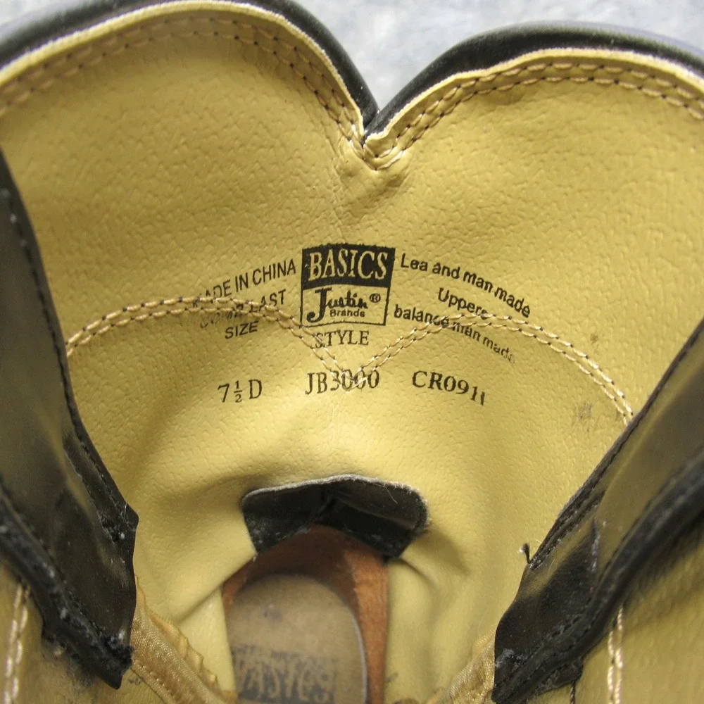 Justin Basics Mens Boots 7.5 D Black Leather‎ Cowboy Western Temple Roper